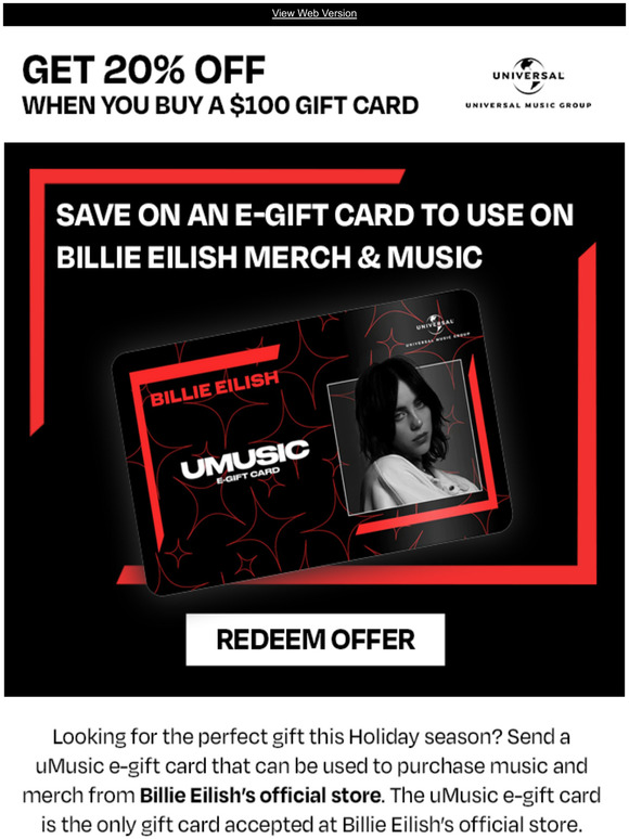 Billie Eilish - Get 20% Off Your Holiday Gift Card