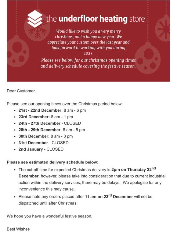 Christmas Opening Times & Delivery Schedule