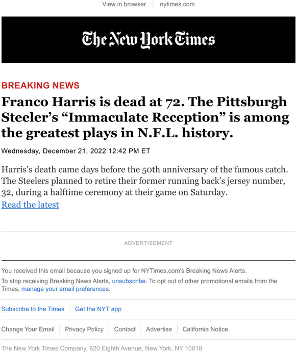 The New York Times Breaking News Franco Harris, N.F.L. Hall of Famer