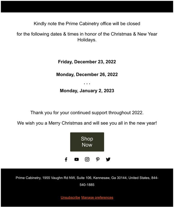 Prime Office Holiday Closings