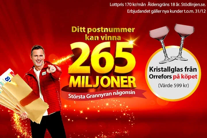 Postkodlotteriet 1:a månaden 89 kr inkl. glas från Orrefors