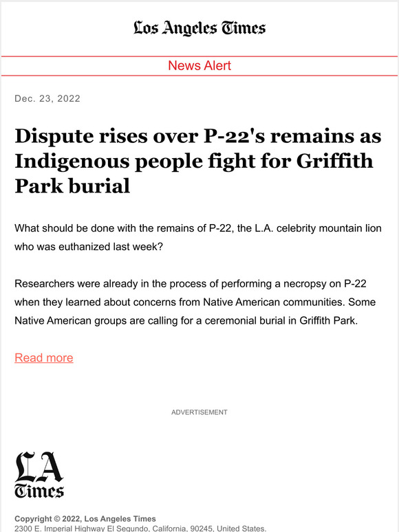 Los Angeles Times Dispute rises over P22's remains as Indigenous(02)
