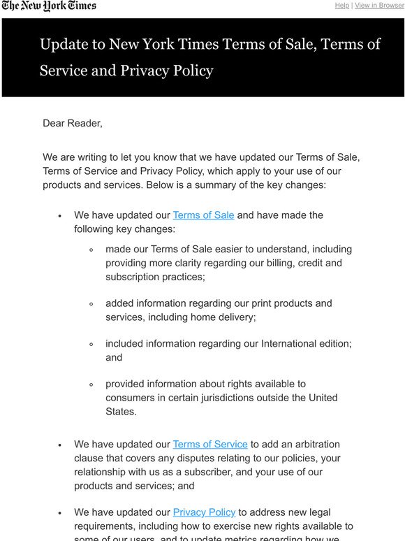 Update to New York Times Terms of Sale, Terms of Service and Privacy Policy