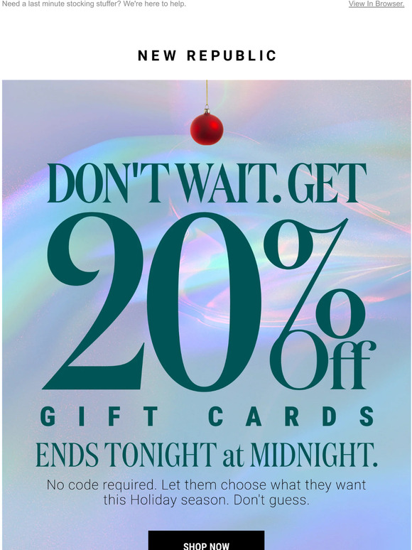 20% Off Gift Cards Ends Tonight