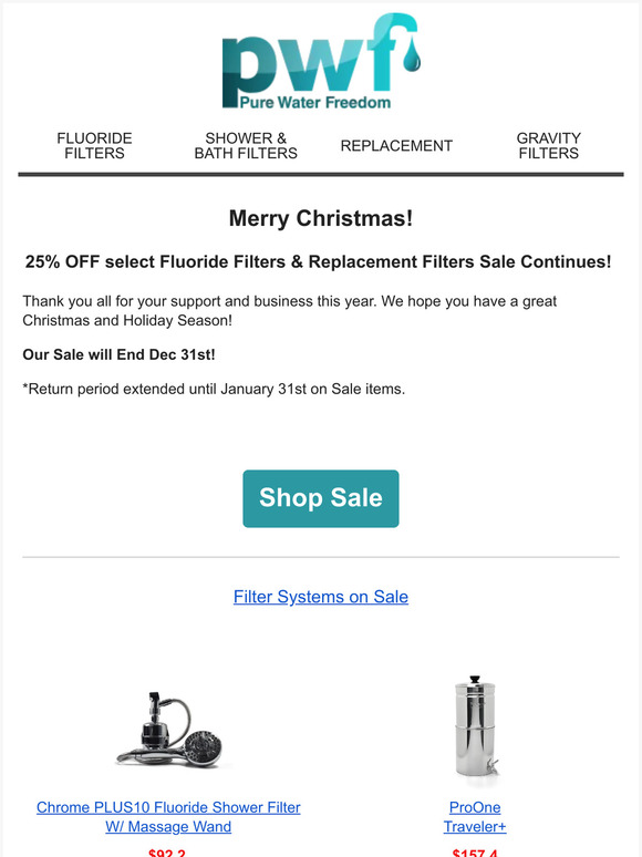Pure Water Freedom Merry Christmas! Fluoride Water Filter Sale