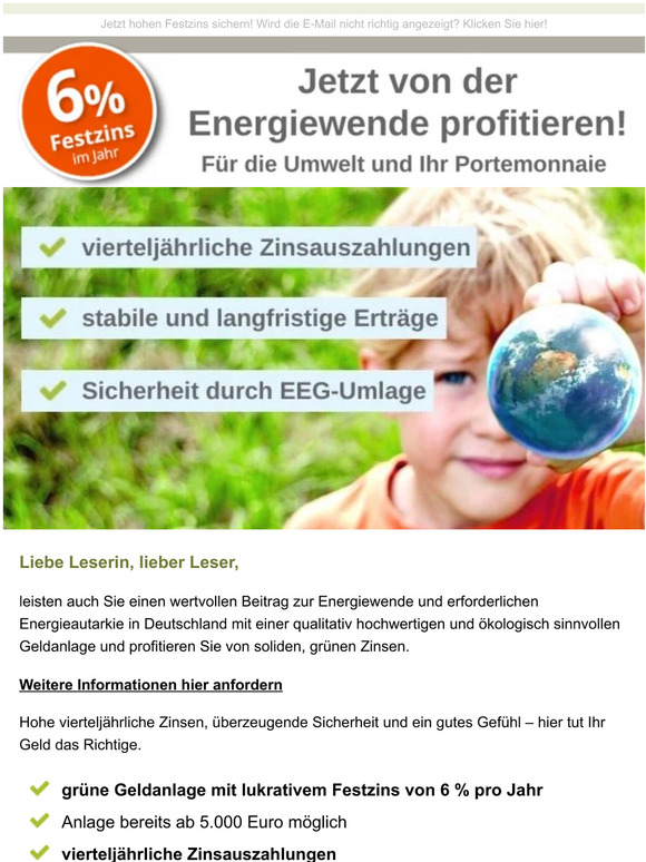 Jetzt von der Energiewende profitieren + 6 % Festzins erhalten