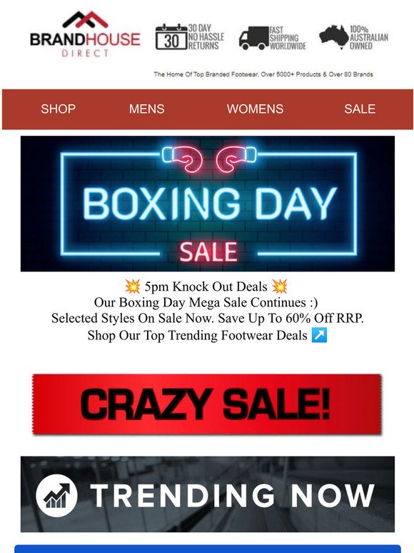 5pm Knock Out Deals 💥 Our Boxing Day Mega Sale Continues :) Shop Our Top Trending Footwear Deals ↗️