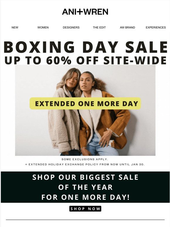 EXTENDED BOXING DAY DEALS: UP TO 60% OFF SITE-WIDE