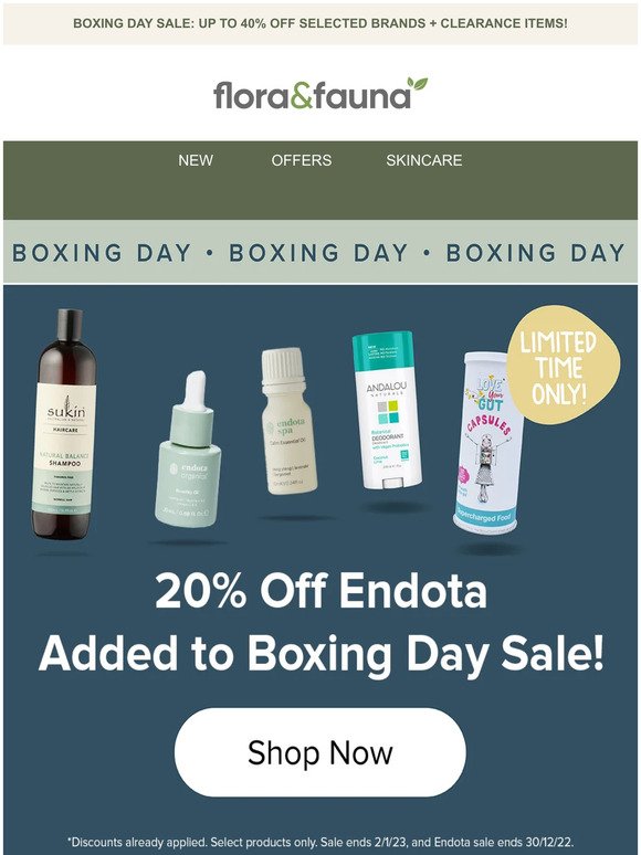 20% Off Endota NEW to BOXING DAY SALE! 🎁
