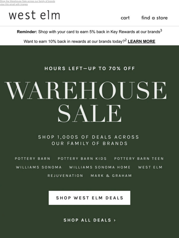 west elm Deals are going FAST... Up to 70 off ends tonight! Milled