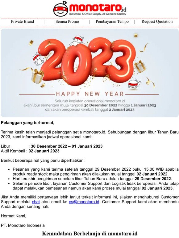 Info: Jadwal Operasional monotaro.id Selama Libur Tahun Baru 2023