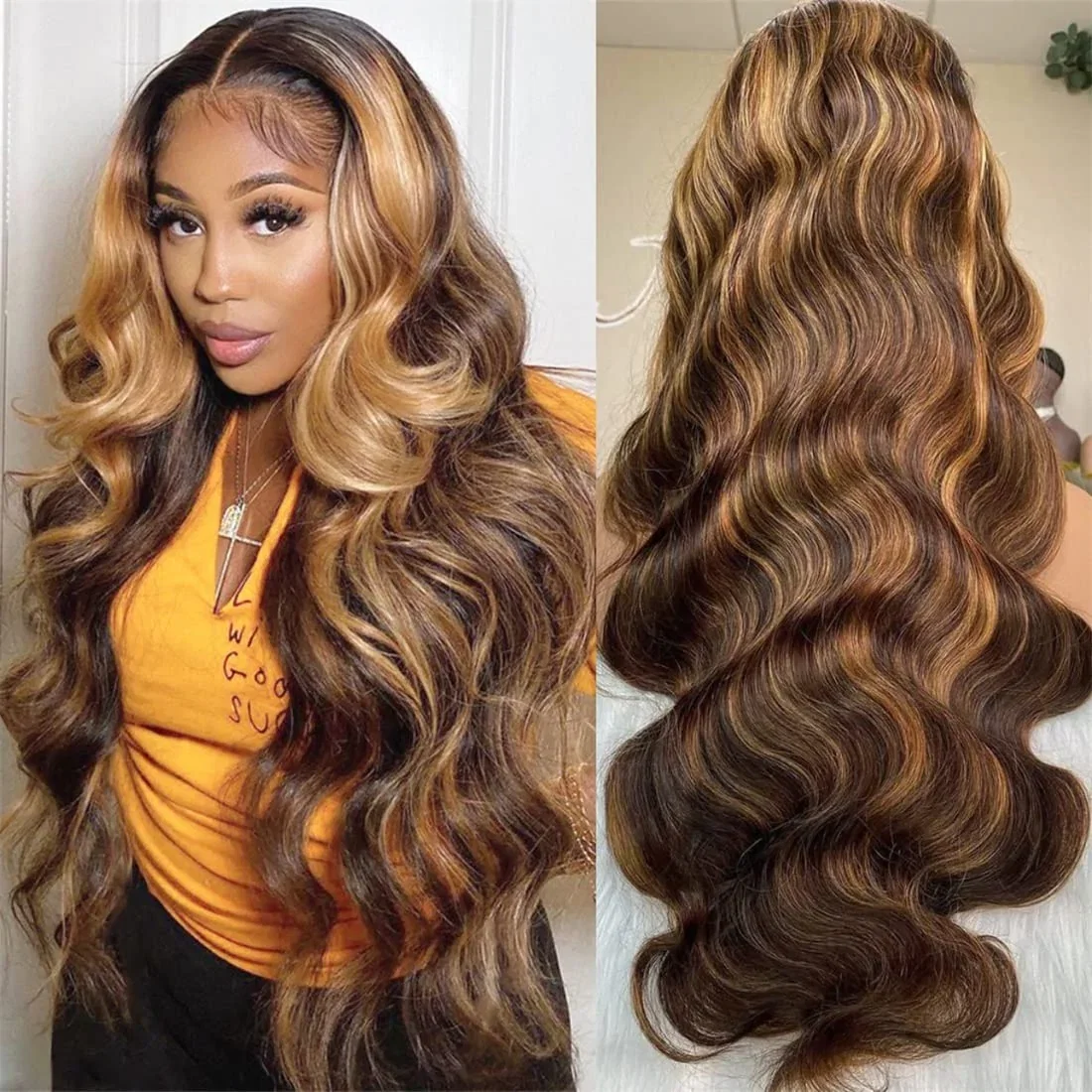 13x4 Transparent Lace Front Body Wave Wig Honey Blonde Piano Highlights Human Hair Wigs Free Part
