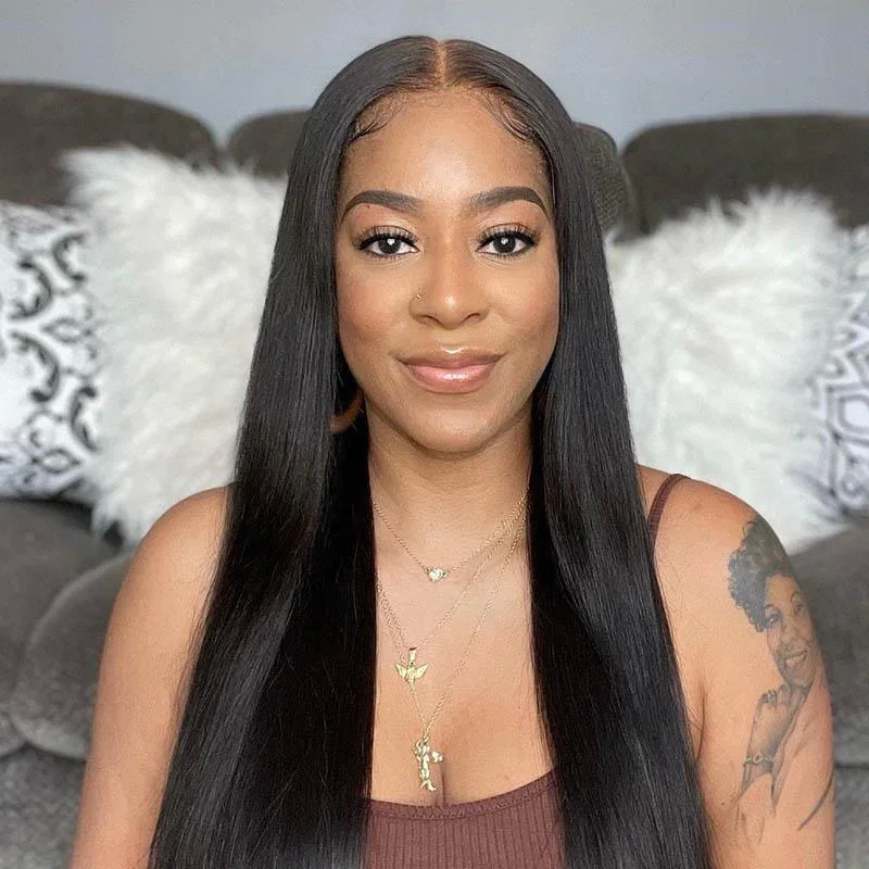 Raw Straight Virgin Human Hair Wigs Black 4x4 Lace Closure Wigs