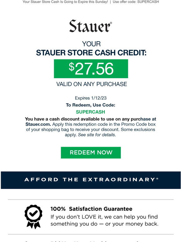 Stauer: [Alert] $27.56 Stauer-Cash Credit Found on Your Account | Milled
