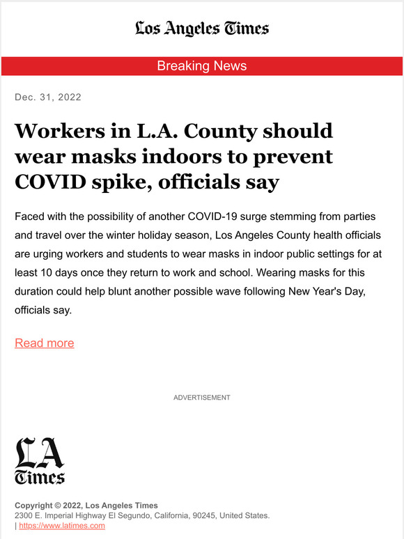 Los Angeles Times Breaking News Workers in L.A. County should wear