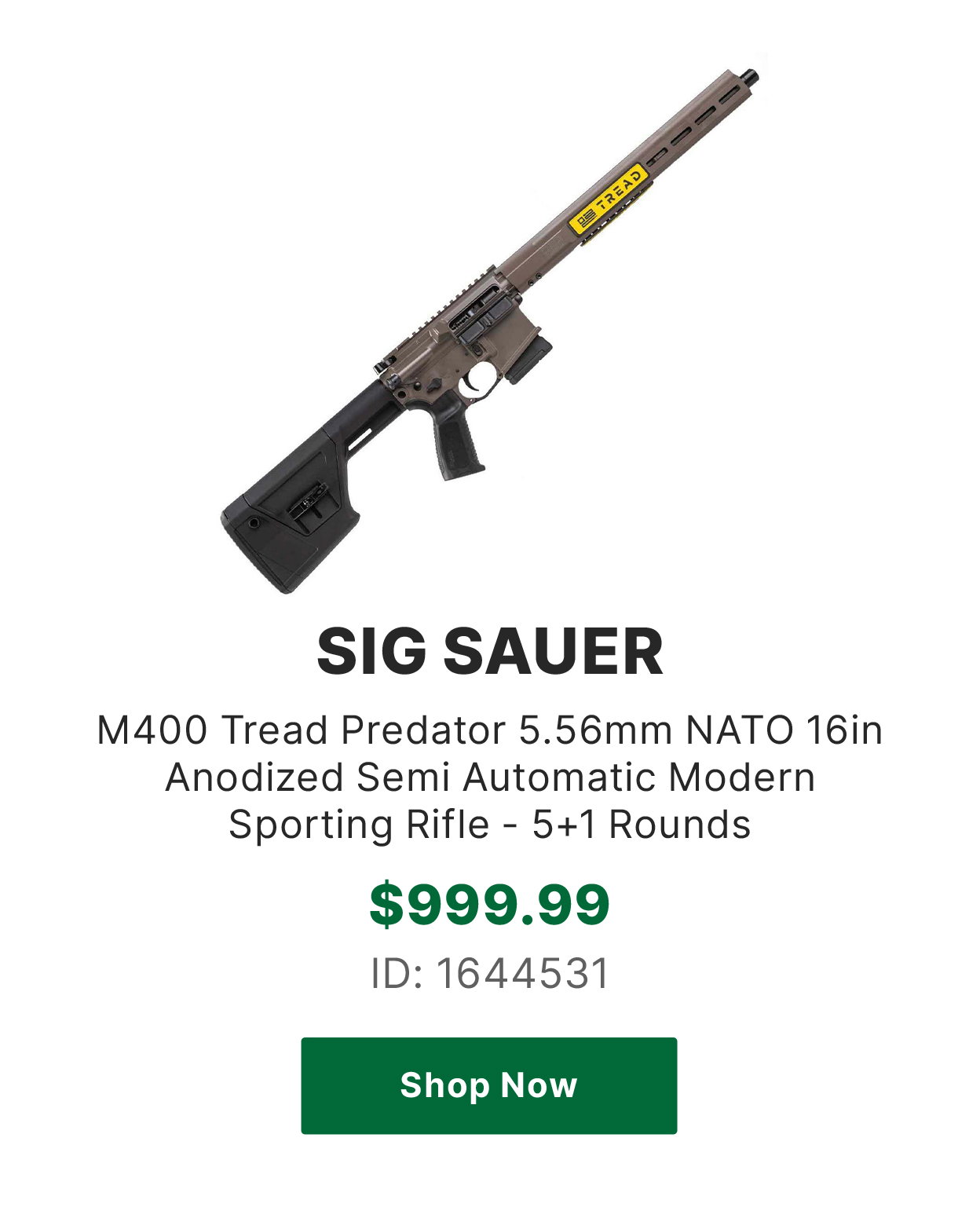 Sig Sauer M400 Tread Predator 5.56mm NATO 16in Anodized Semi Automatic Modern Sporting Rifle - 5+1 Rounds