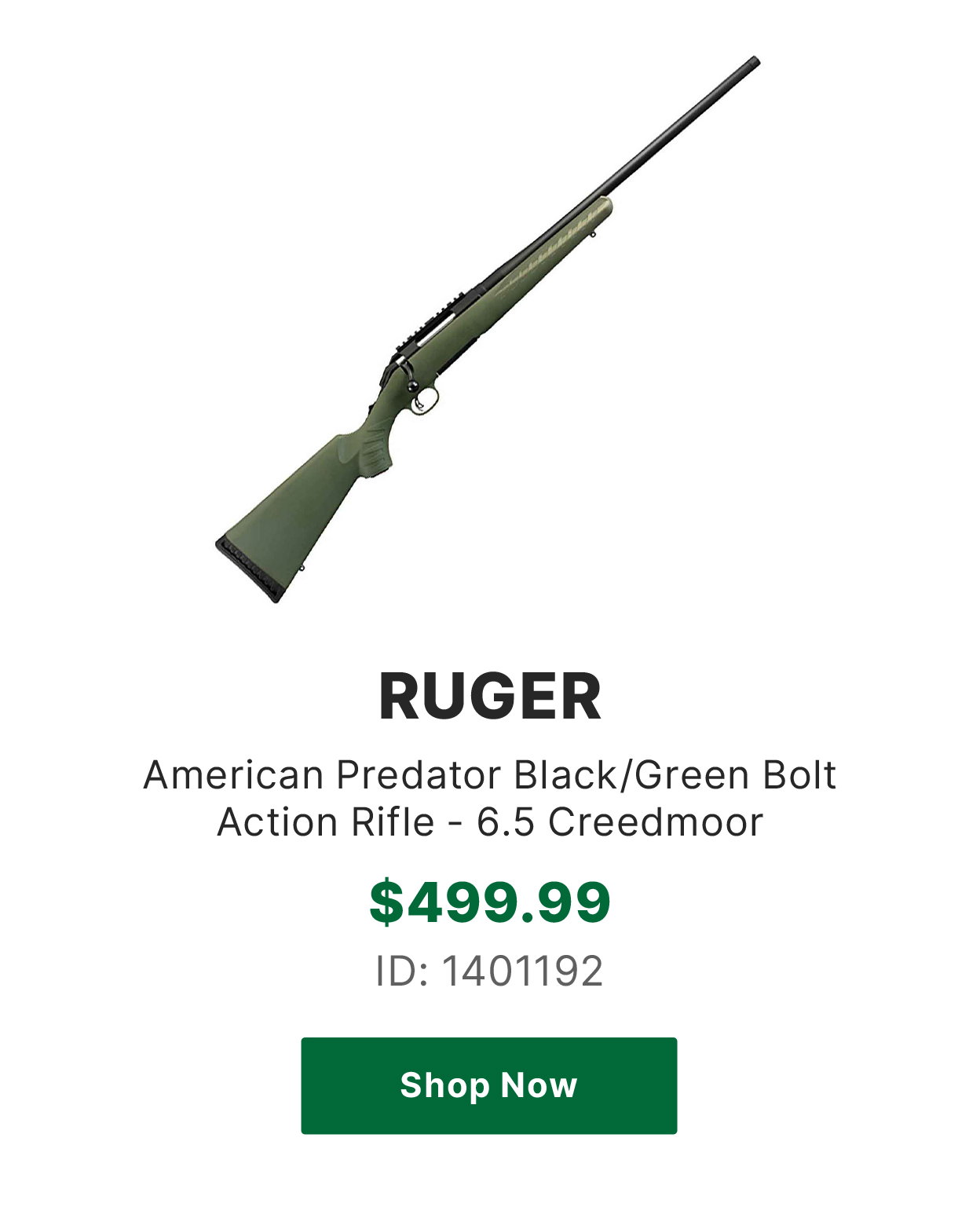 Ruger American Predator Black/Green Bolt Action Rifle - 6.5 Creedmoor