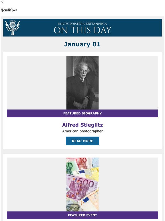 Euro introduced in Europe, Alfred Stieglitz is featured, and more from Britannica