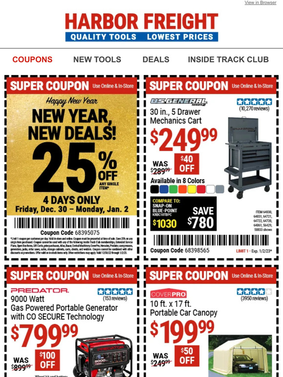 Harbor Freight Tools: Happy New Year! Get 25% Off Any Single Item. Only ...