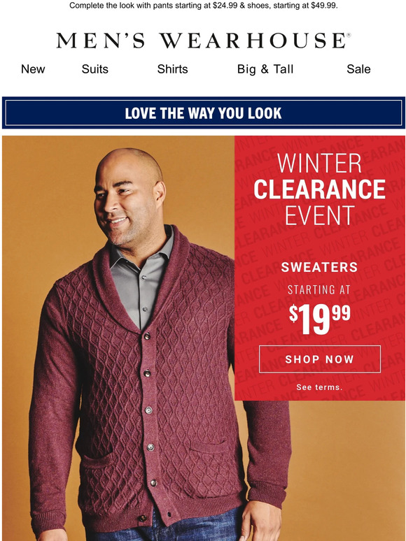 Men's Wearhouse CLEARANCE SWEATERS STARTING AT 19.99! Milled