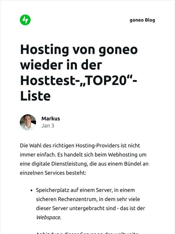 [Neuer Eintrag] Hosting von goneo wieder in der Hosttest-„TOP20“-Liste