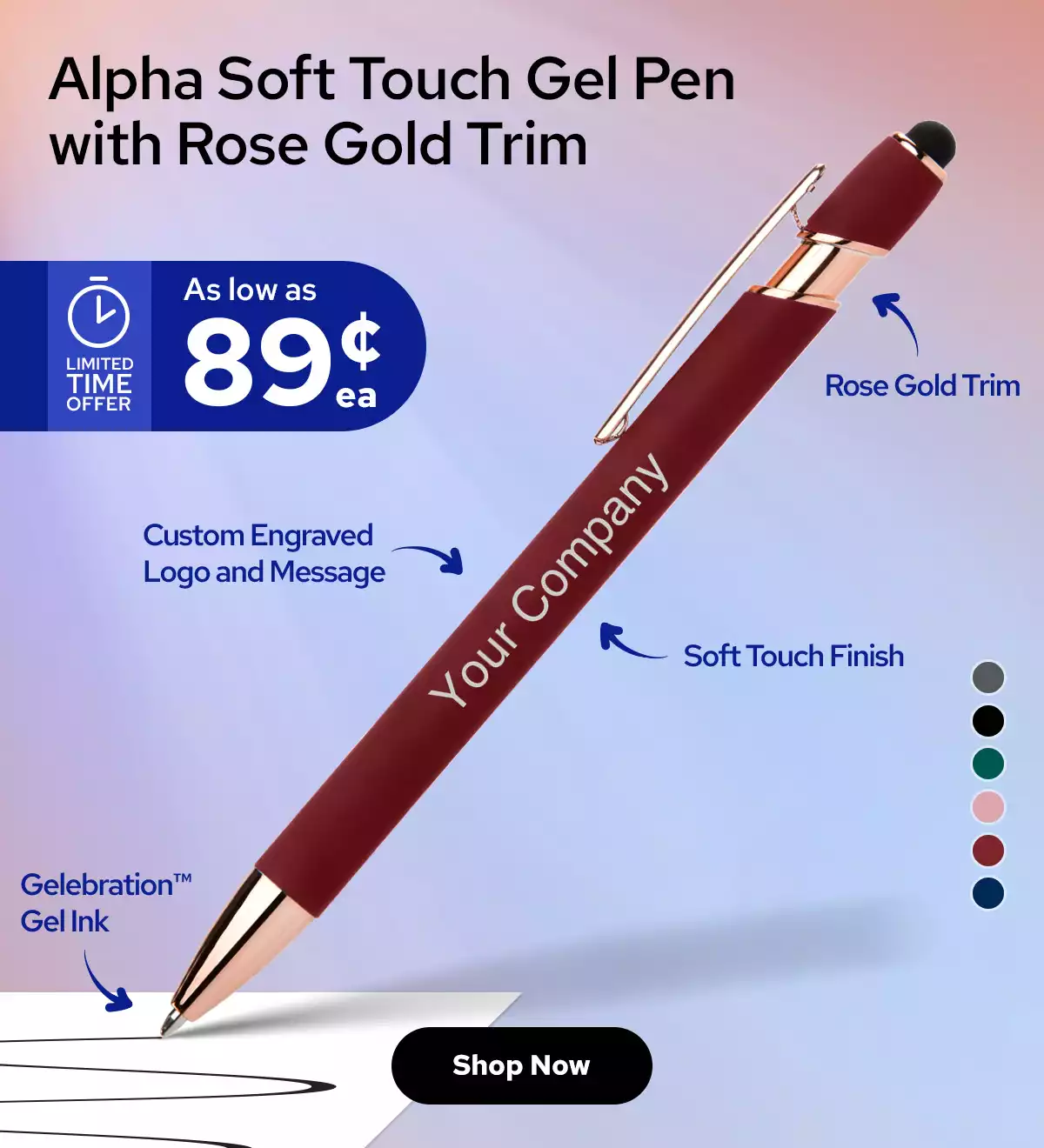 Custom Alpha Soft Touch Gel Pen with Rose Gold Trim