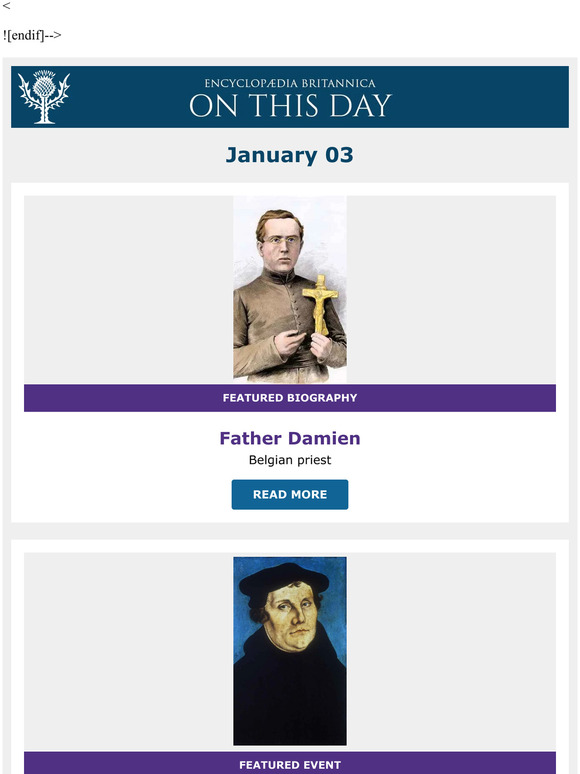 Martin Luther excommunicated by pope, Father Damien is featured, and more from Britannica