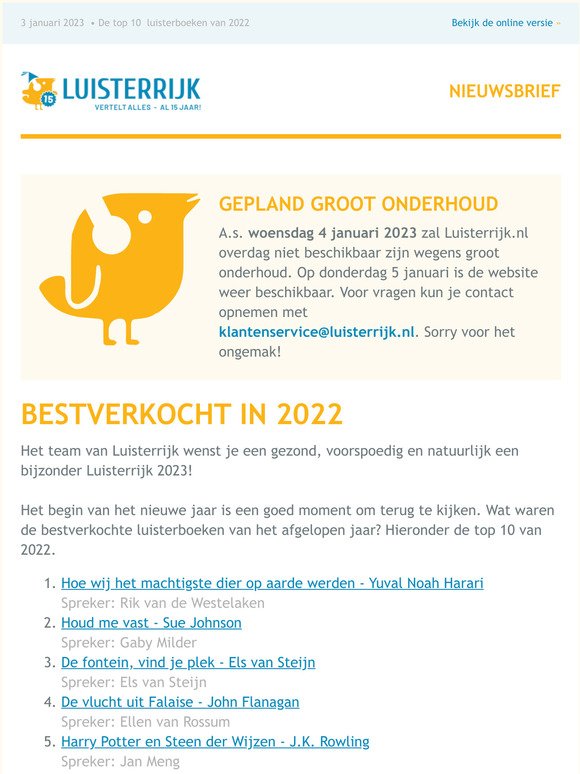 Een Luisterrijk 2023! | De top 10 van 2022 | Luisterrijk.nl op woensdag 4 januari tijdelijk niet bereikbaar