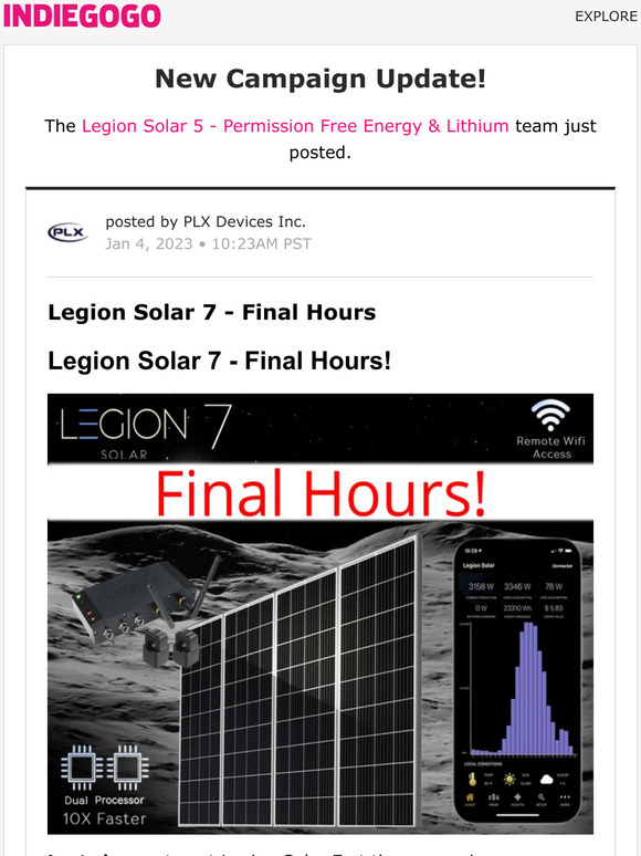 Indiegogo 📢 Update 17 from Legion Solar 5 Permission Free Energy