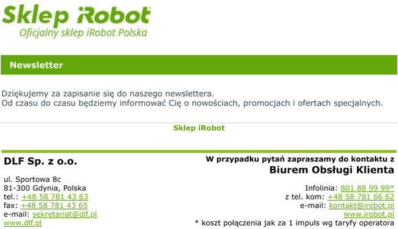 [Sklep iRobot] Potwierdzenie newslettera