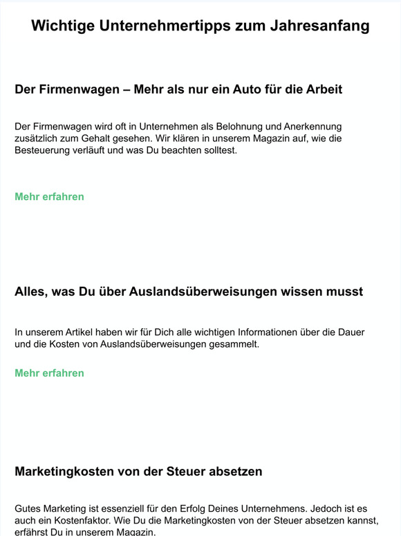 Marketingkosten von der Steuer absetzen, die wichtigsten Versicherungen für Jungunternehmen und wichtige Informationen über die Dauer und Kosten von Auslandsüberweisungen.