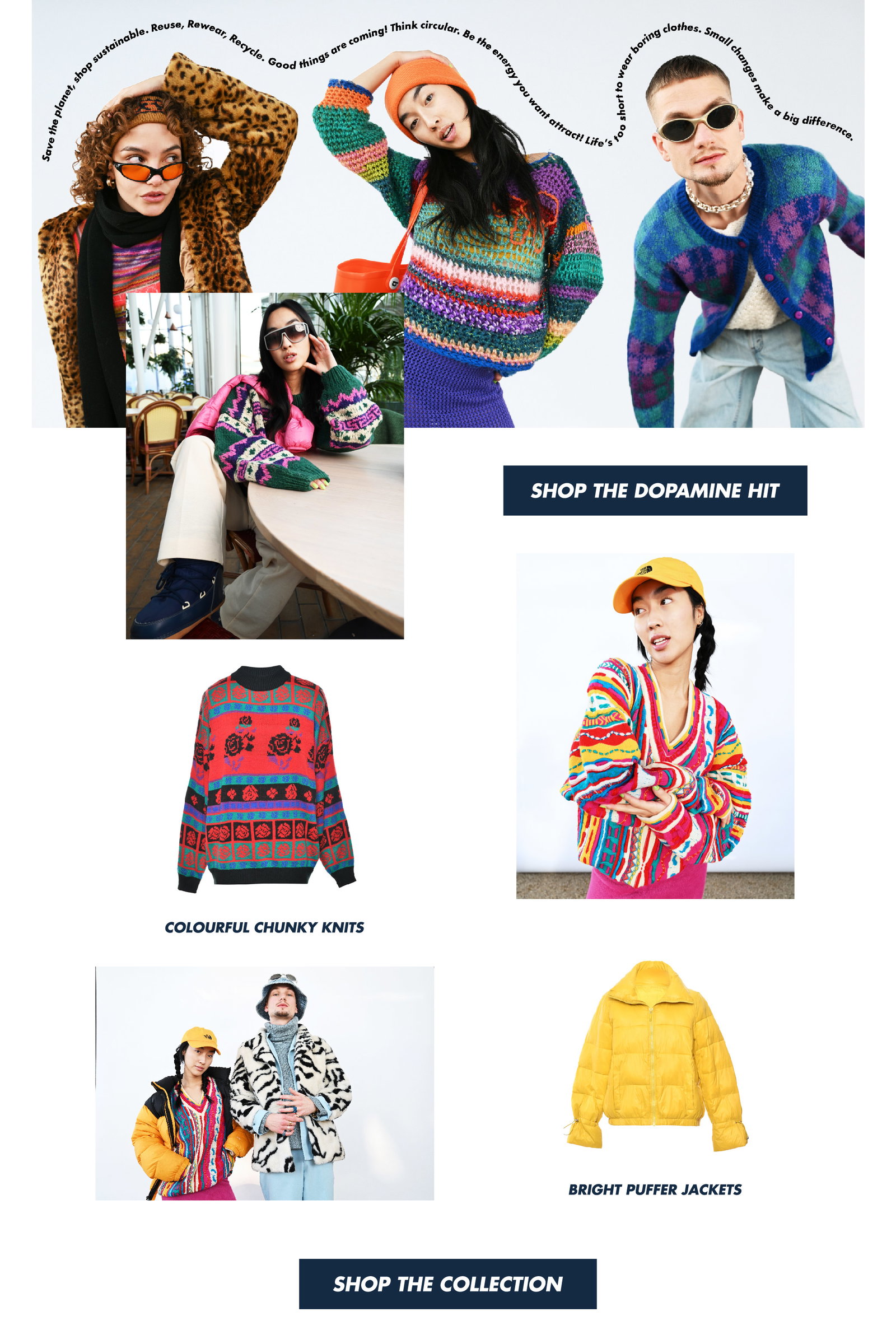 Image shows models wearing colourful vintage pieces