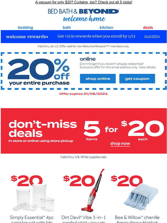 Bed Bath & Beyond COUPONS unlocked! Don’tMiss Deals 5 items, 20 each! Plus, save 20 with