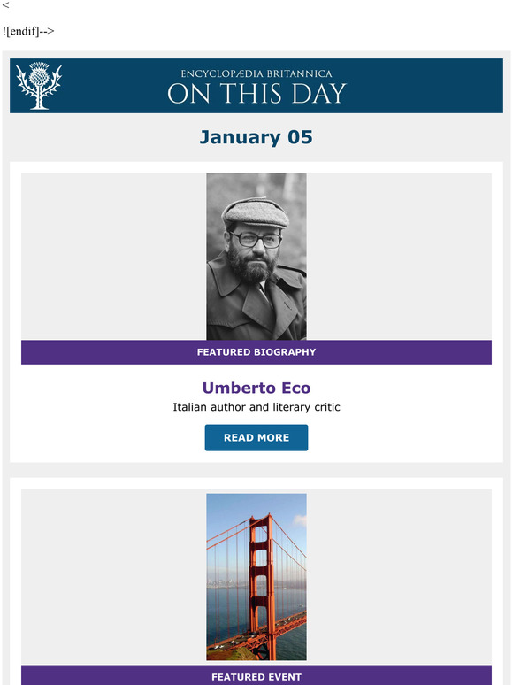 Golden Gate Bridge construction begun, Umberto Eco is featured, and more from Britannica