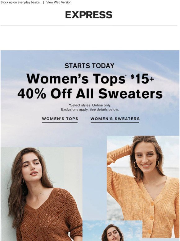 Fill your 🛍️ with 40% OFF women's sweaters + tops from $15 