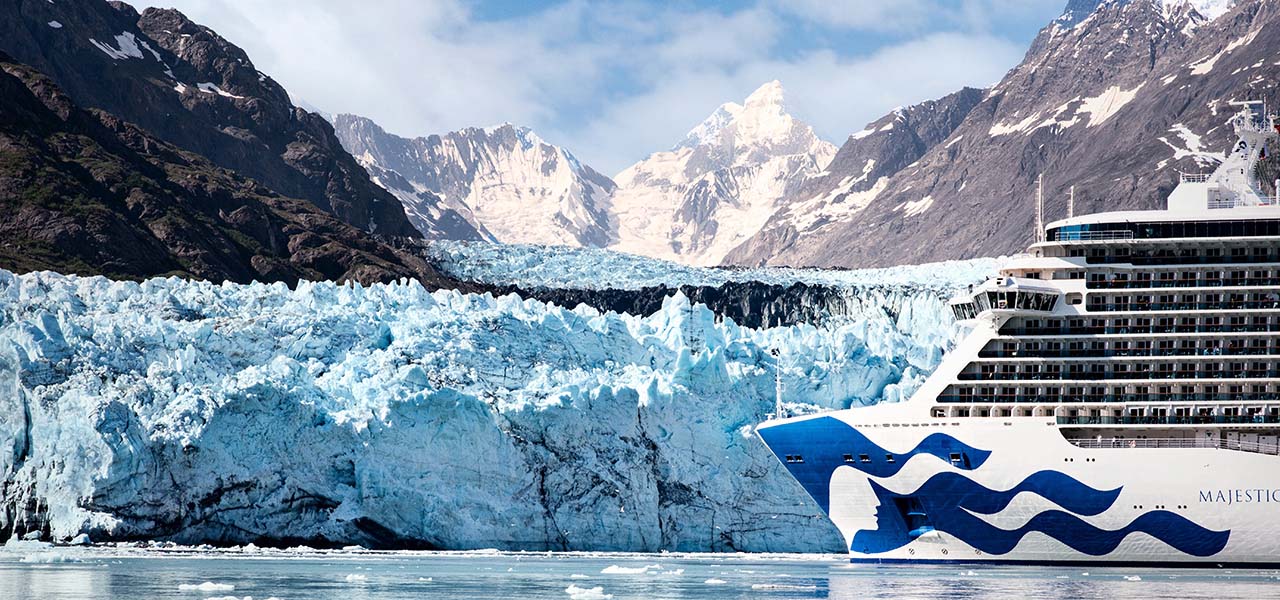 Princess cruise ship sailing next to glaciers. View 7-day Voyage of the Glaciers cruise now.