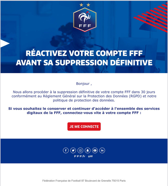Votre compte FFF va prochainement être supprimé