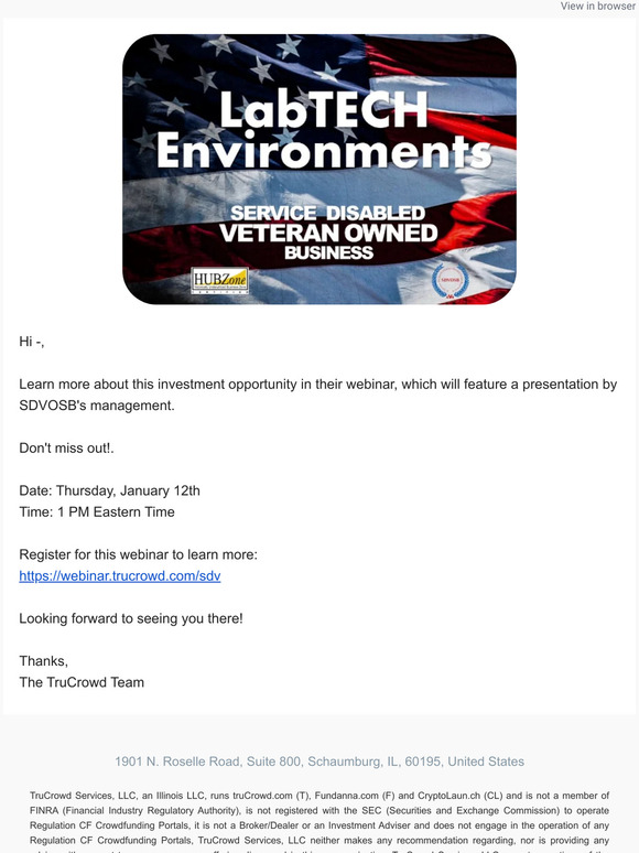TruCrowd Announces Webinar this Thursday, 1PM EST SDVOSB Materials, Technology & Supply LLC. Come see the Investment Webinar for this Veteran Owned business