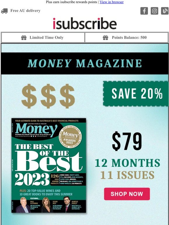 Money magazine, save 20% plus free diary
