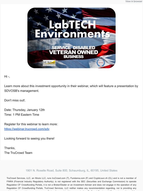 TruCrowd Announces Webinar this Thursday, 1PM EST SDVOSB Materials, Technology & Supply LLC. Come see the Investment Webinar for this Veteran Owned business