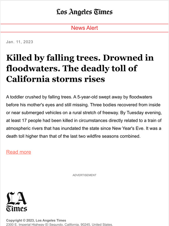 Los Angeles Times Killed by falling trees. Drowned in floodwaters. The