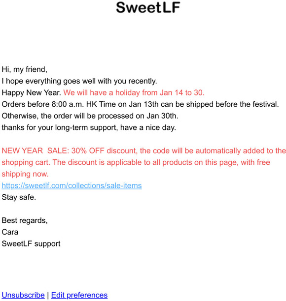 Notice: Orders before 8:00 a.m. HK Time on Jan 13th can be shipped before the Spring Festival