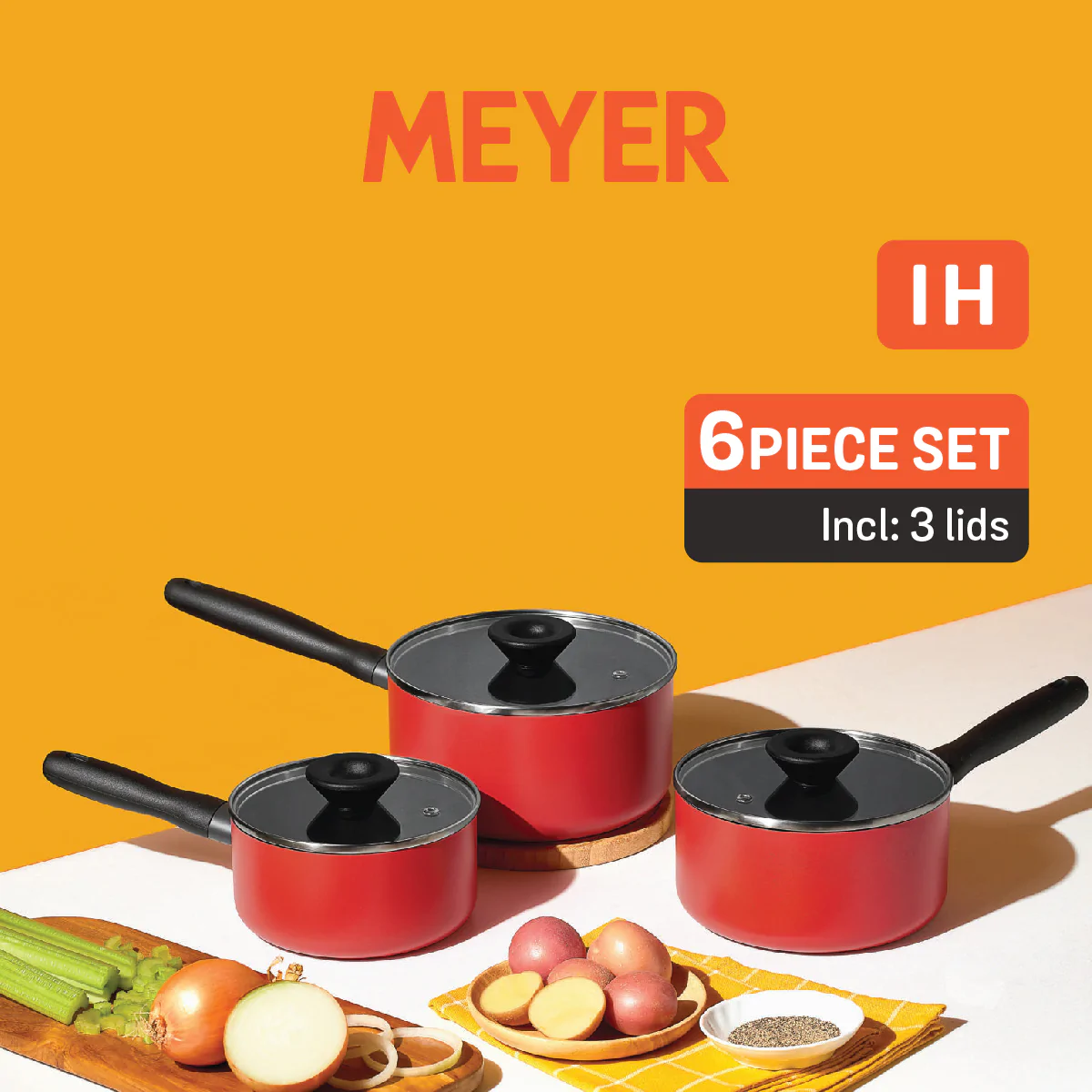 Image of MEYER Bauhaus Induction ชุดหม้อมีด้ามจับพร้อมฝารวม 6 ชิ้น ขนาด 16, 18, 20 ซม. Saucepan set (14212-TE12)