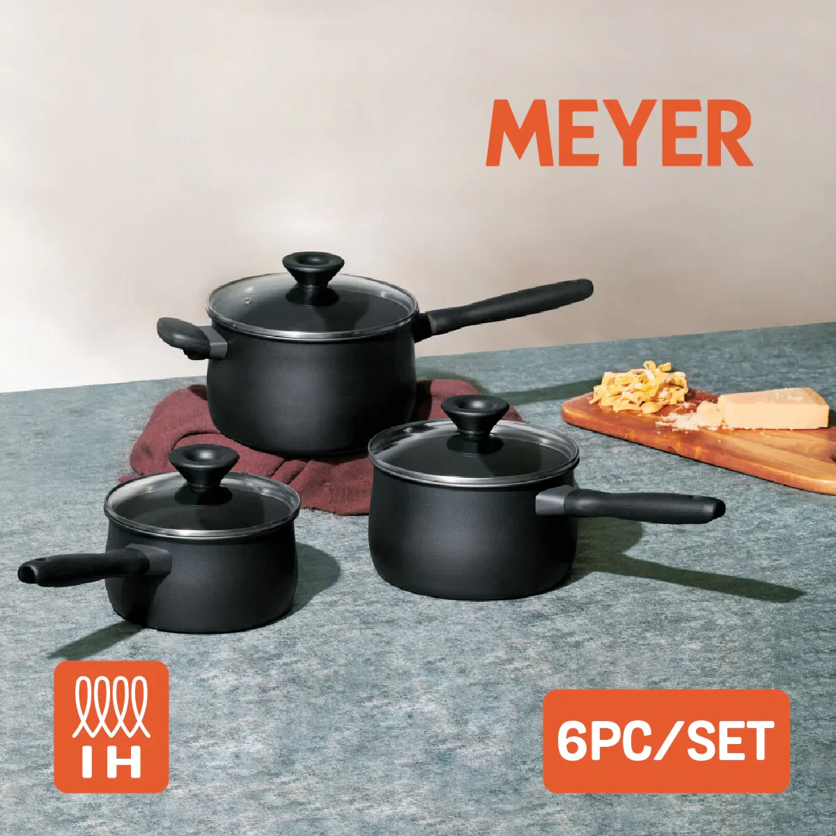 Image of MEYER MIDNIGHT ชุดหม้อมีด้ามจับ hard-anodize พร้อมฝารวม 6 ชิ้น ขนาด 16, 18, 20 ซม. Saucepan set (85087-TE12)
