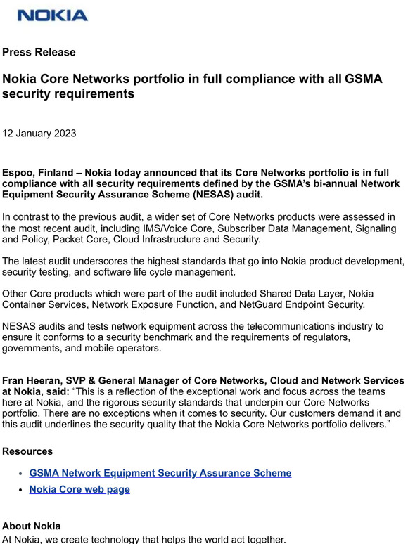 Nokia Health: Nokia Core Networks portfolio in full compliance with all ...