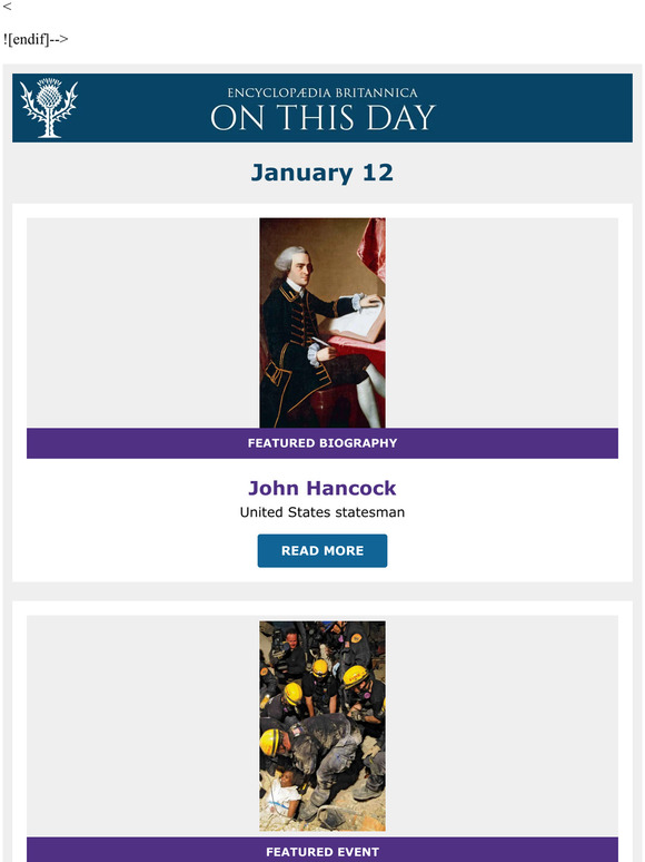 Haiti severely damaged by earthquake, John Hancock is featured, and more from Britannica