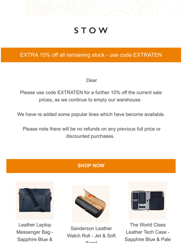 EXTRA 10% off all remaining stock