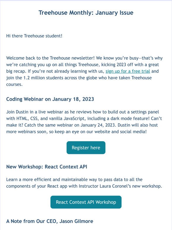 New Coding Content, Hear From Our CEO, + 2022 Rewind | Treehouse January Newsletter