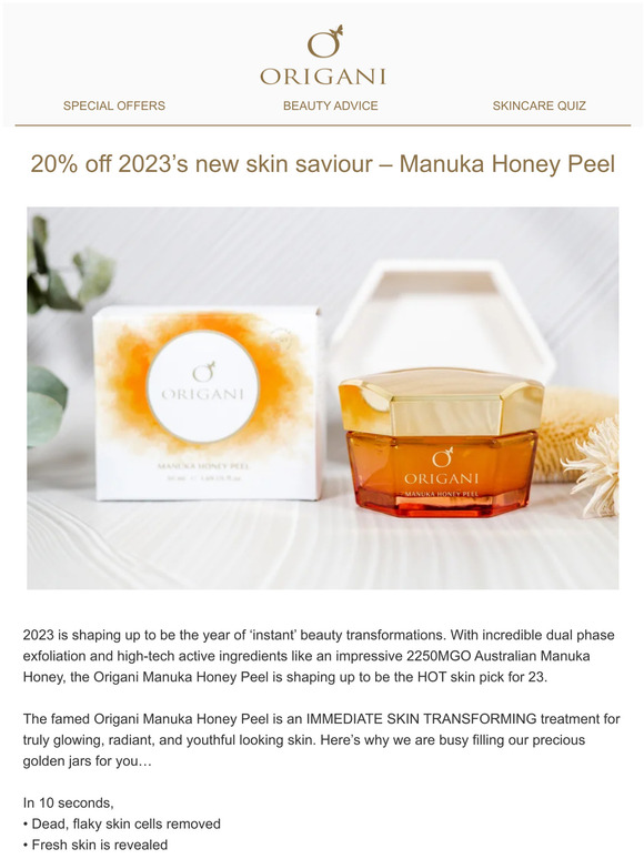 20% off 2023’s new skin saviour – Manuka Honey Peel 🍯