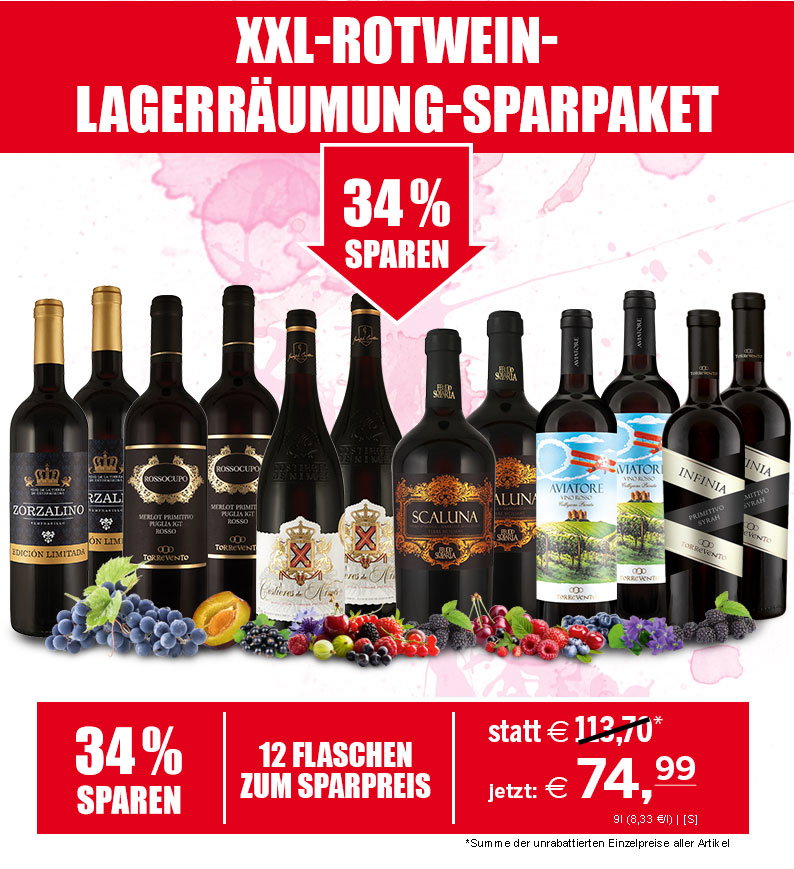 34 % sparen - XXL-Lagerräumungspaket Rotweine mit 12 Flaschen